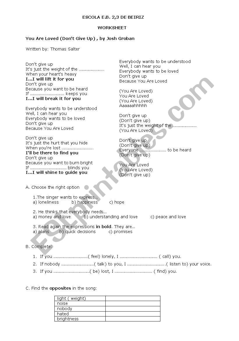 dont give up SONG worksheet