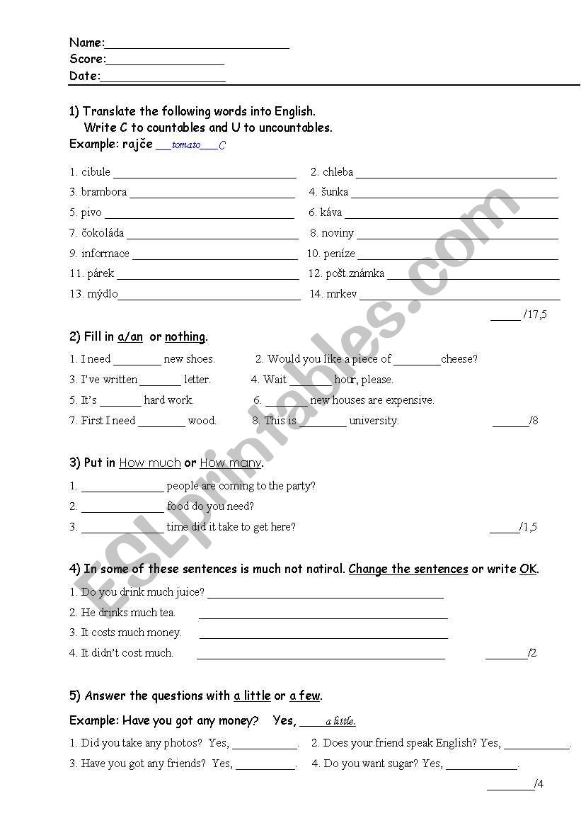 COUNTABLES/UNCOUNTABLES worksheet