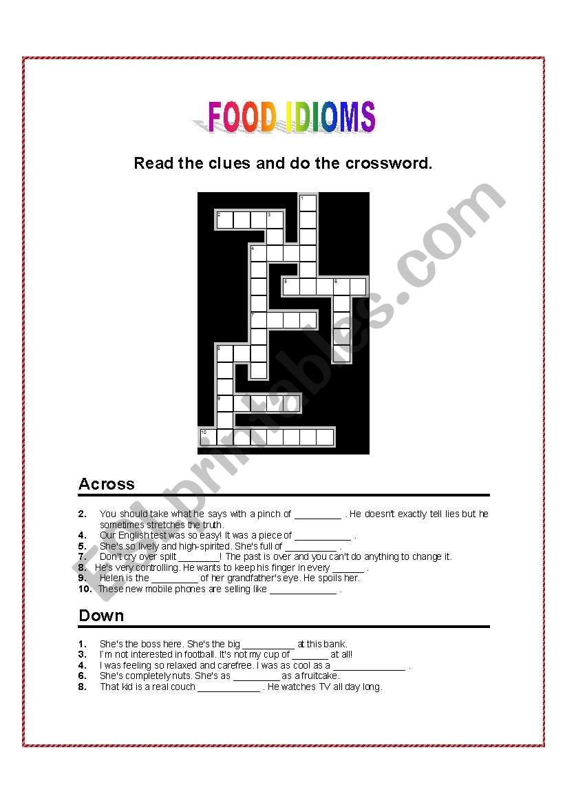 FOOD IDIOMS - CROSSWORD WS 3 worksheet