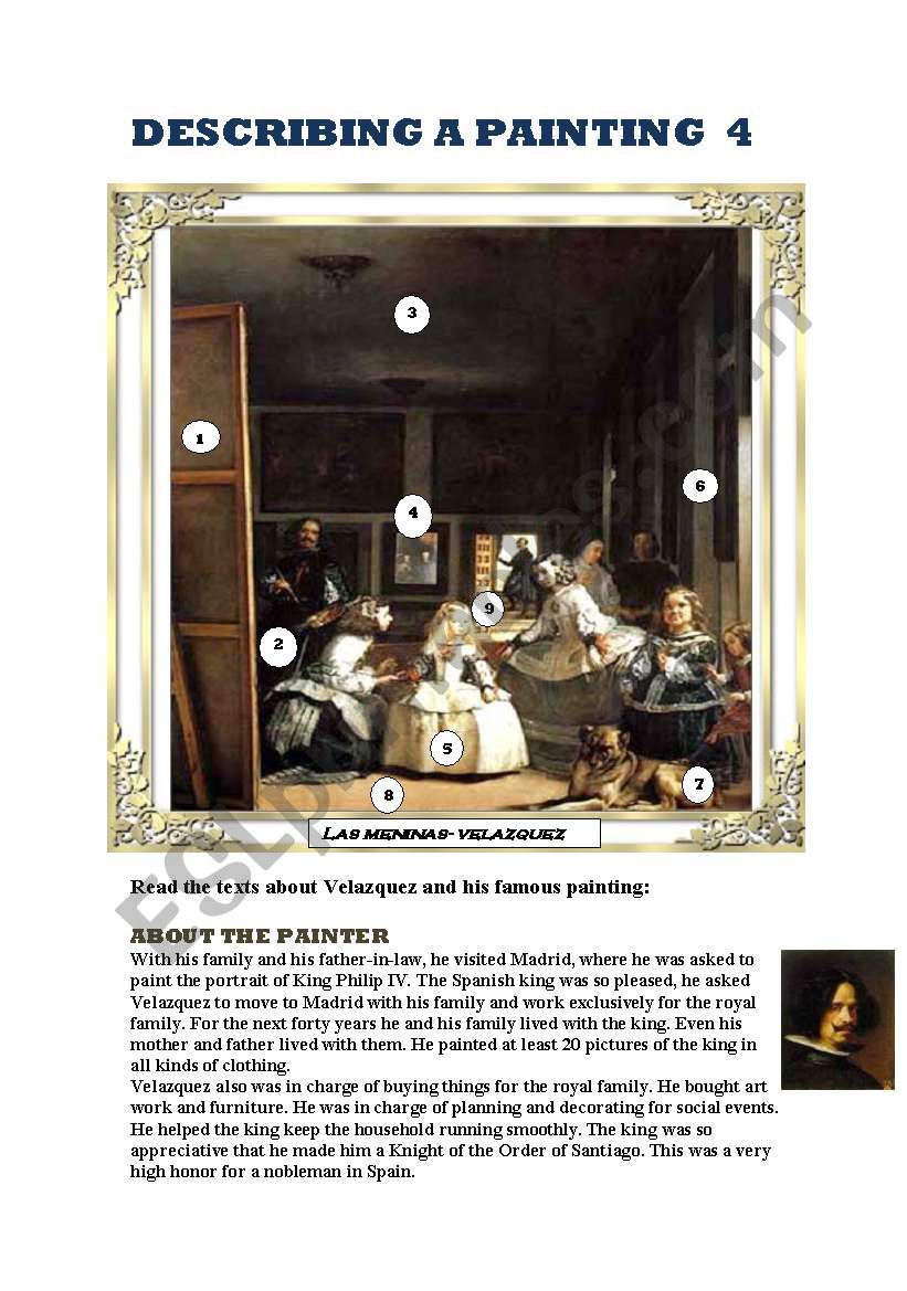 DESCRIBING A PAINTING 4 (VELAZQUEZ): Reading comprehension, vocabulary and writing activities.2 PAGES