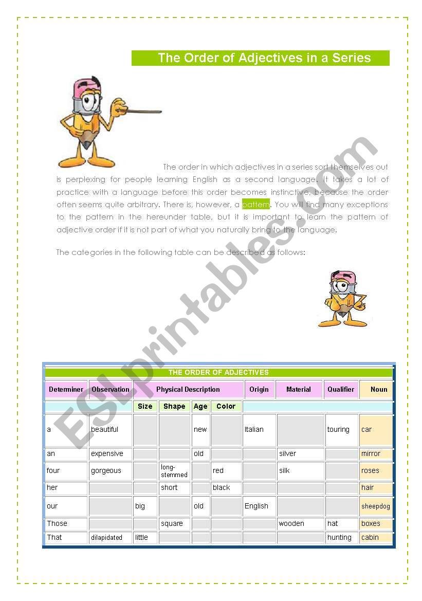 Adjective order worksheet