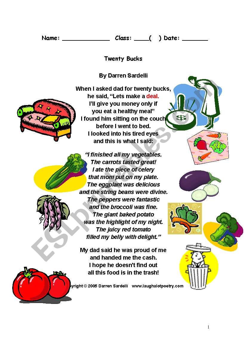 Twenty Bucks poem worksheet
