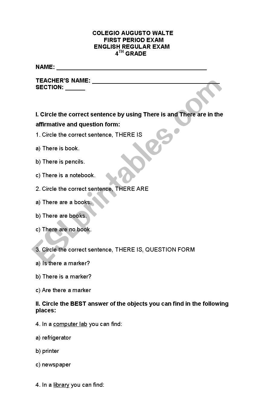 exam fourth grade worksheet