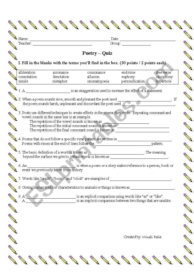 Poetry Quiz worksheet