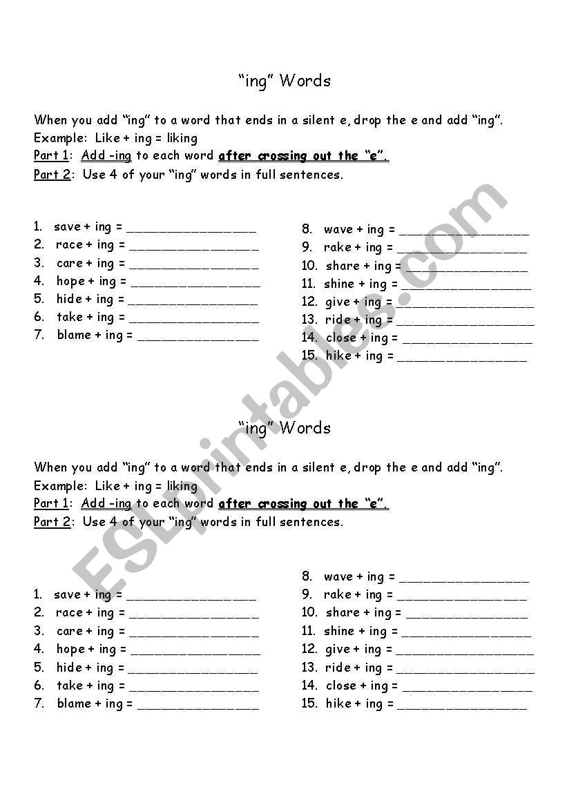 Drop the -e- and add -ing worksheet