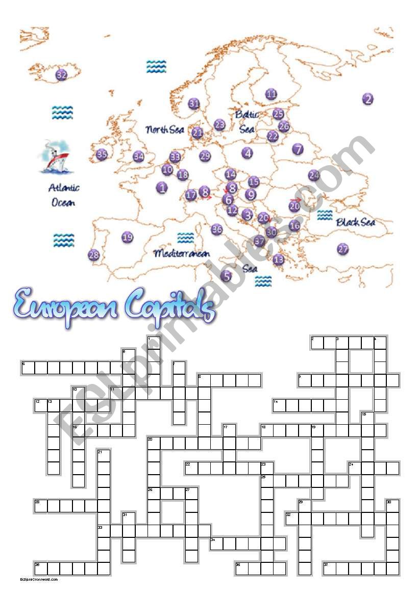 European Capitals Crossword worksheet