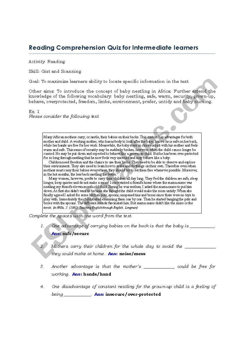 Reading Comprehension Quiz worksheet