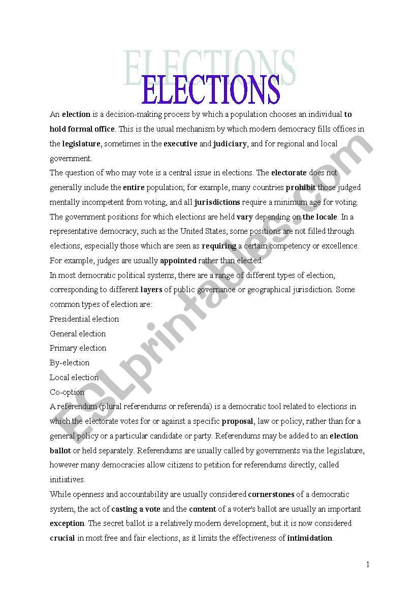 Elections worksheet