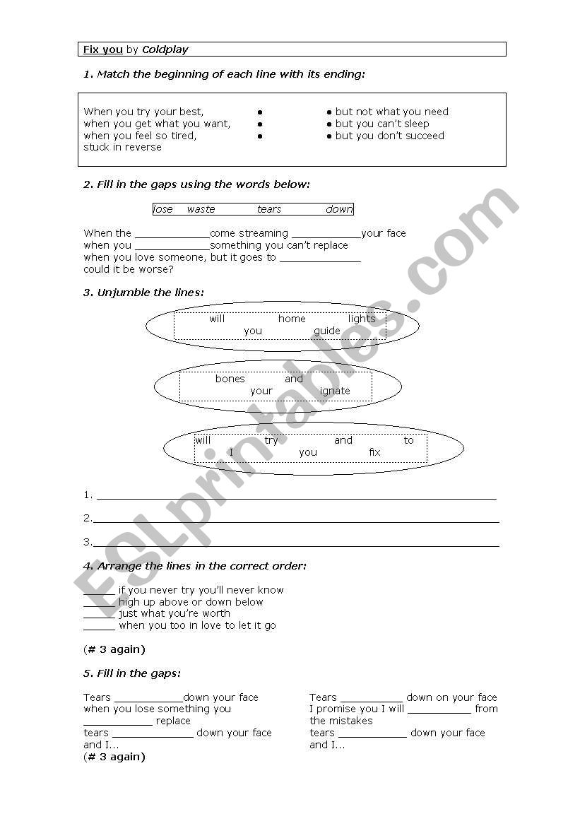 Fix you by Coldplay worksheet