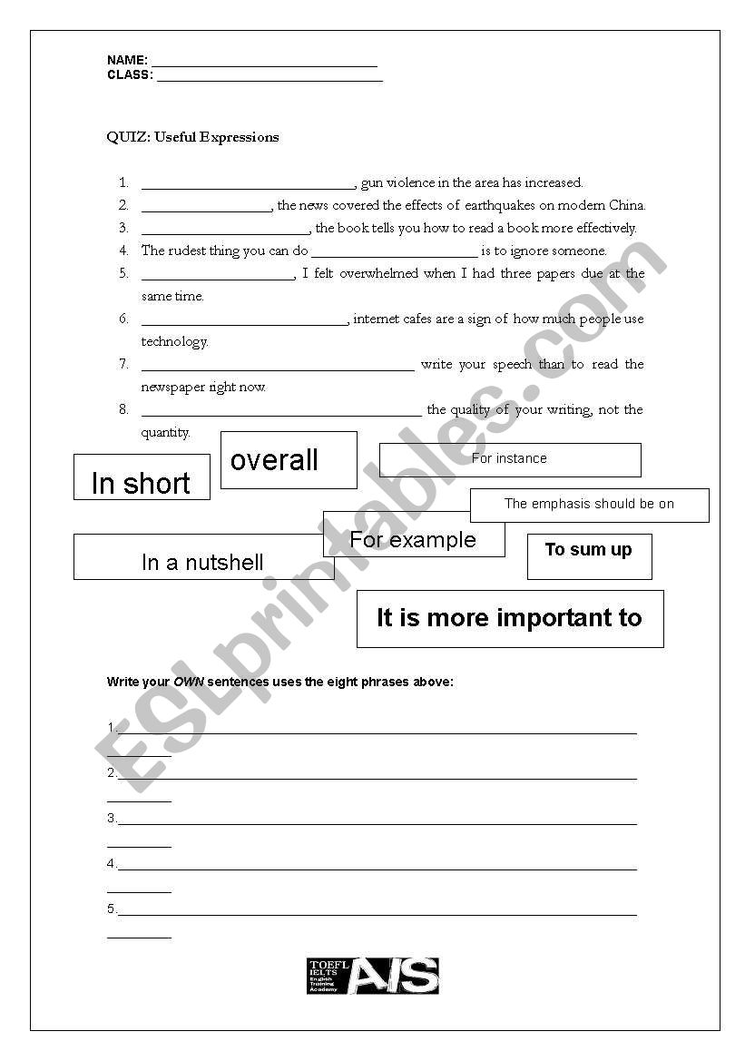 Phrases QUIZ 3 worksheet