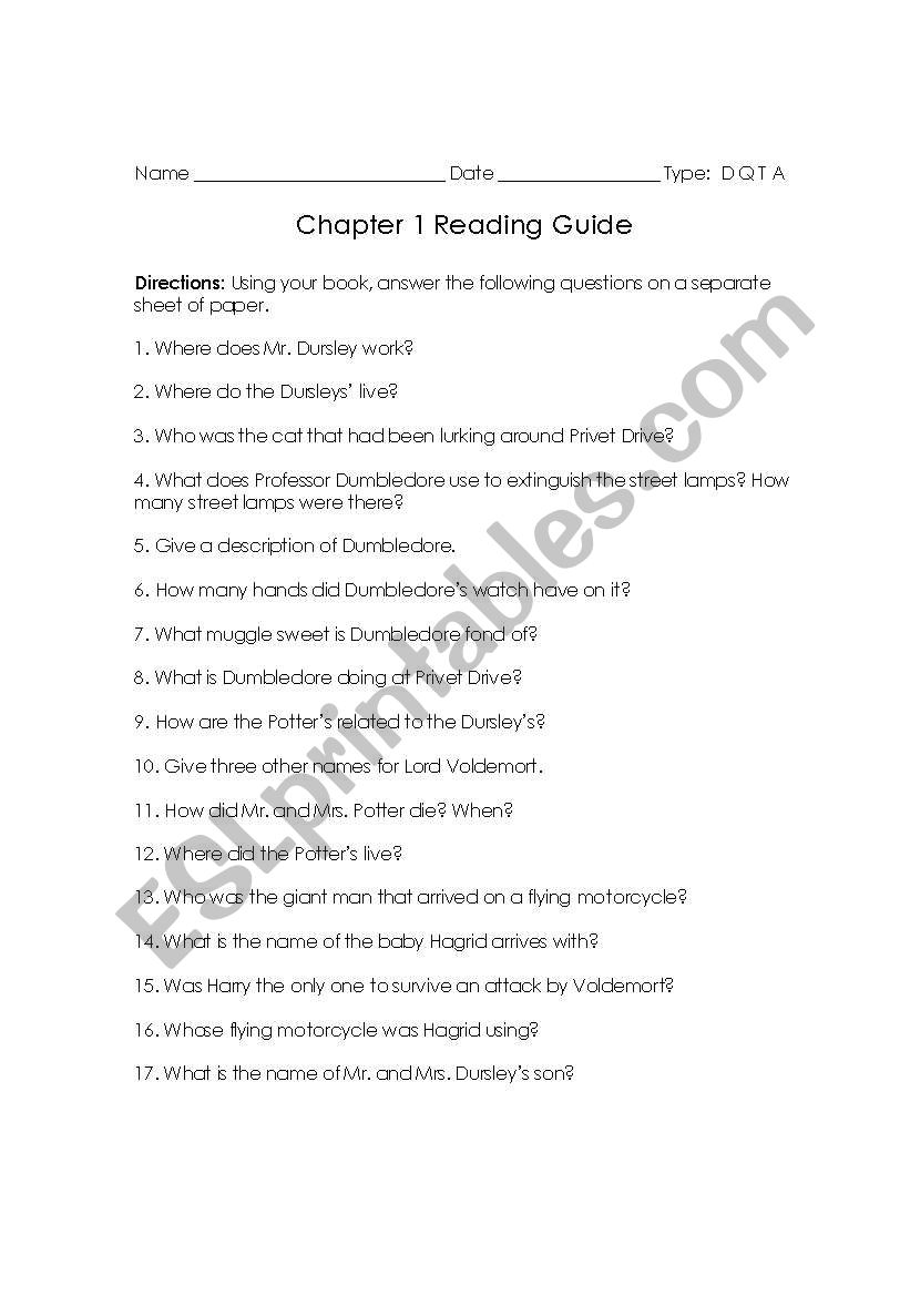 Harry Potter and the Sorcerers Stone Reading Guide- Chapter 1
