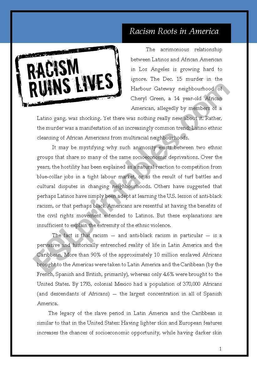 Racism roots in America worksheet