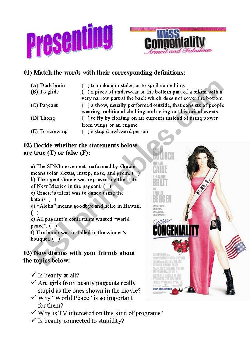 Miss Congeniality worksheet