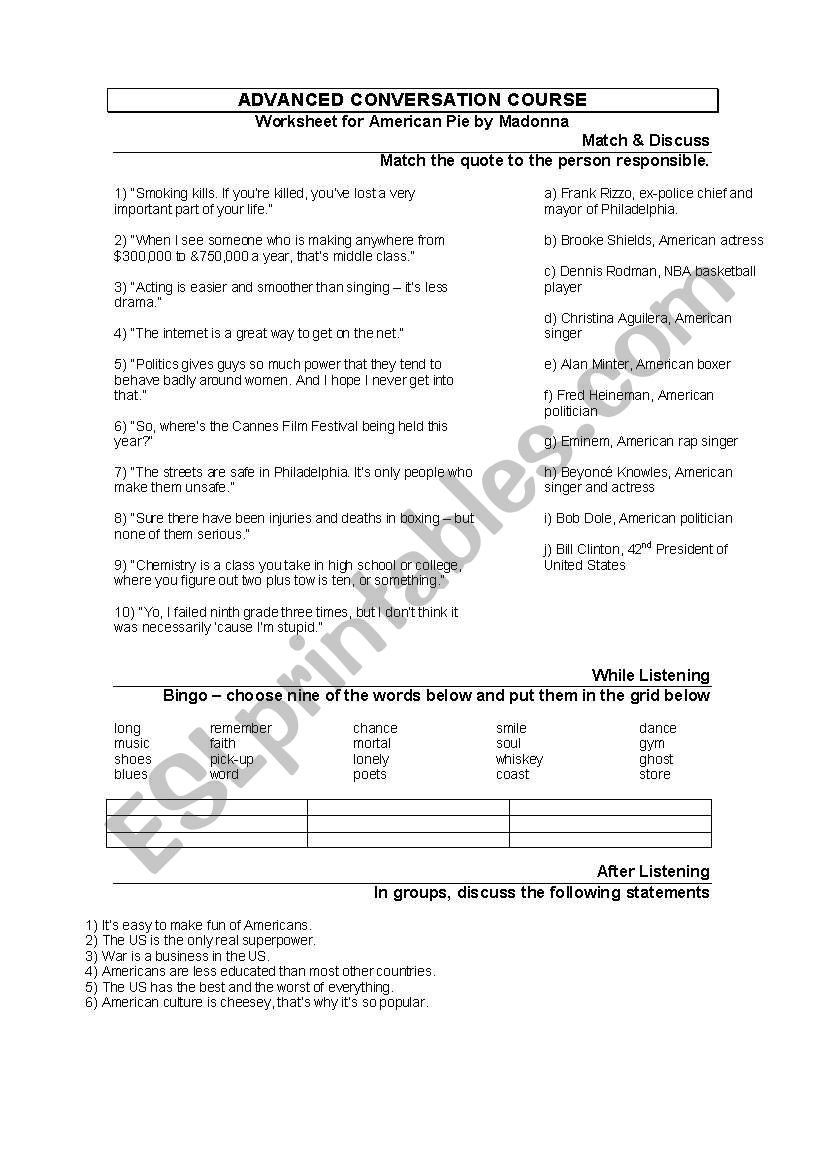 American Pie - Madonna worksheet