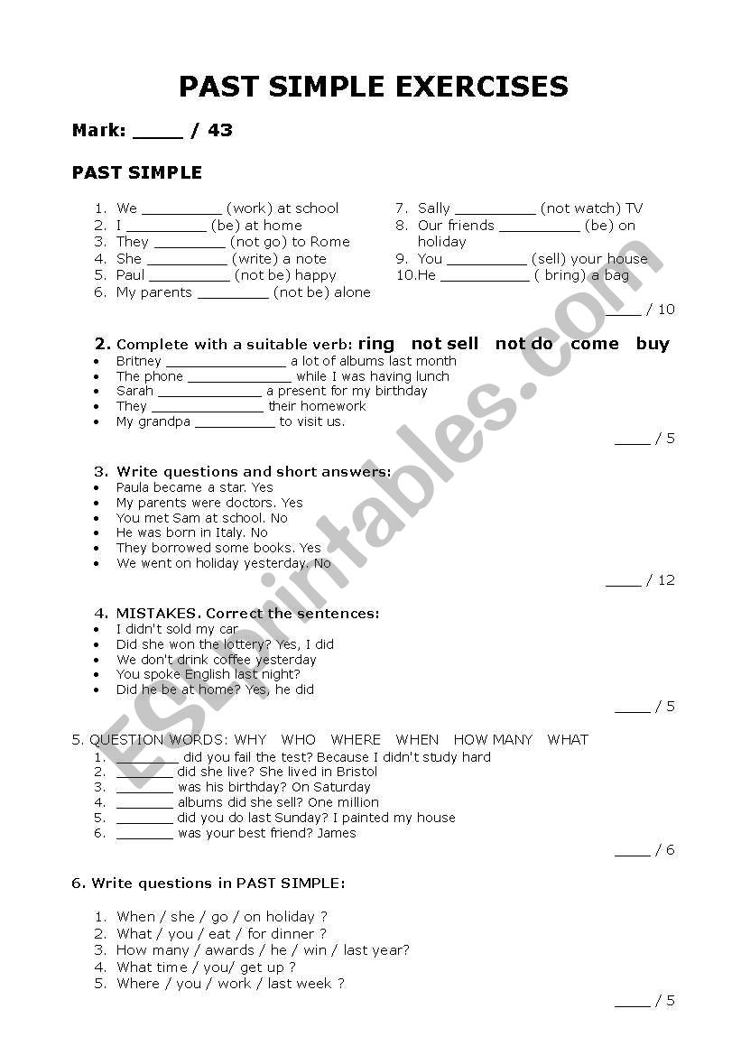 PAST SIMPLE EXERCISES worksheet