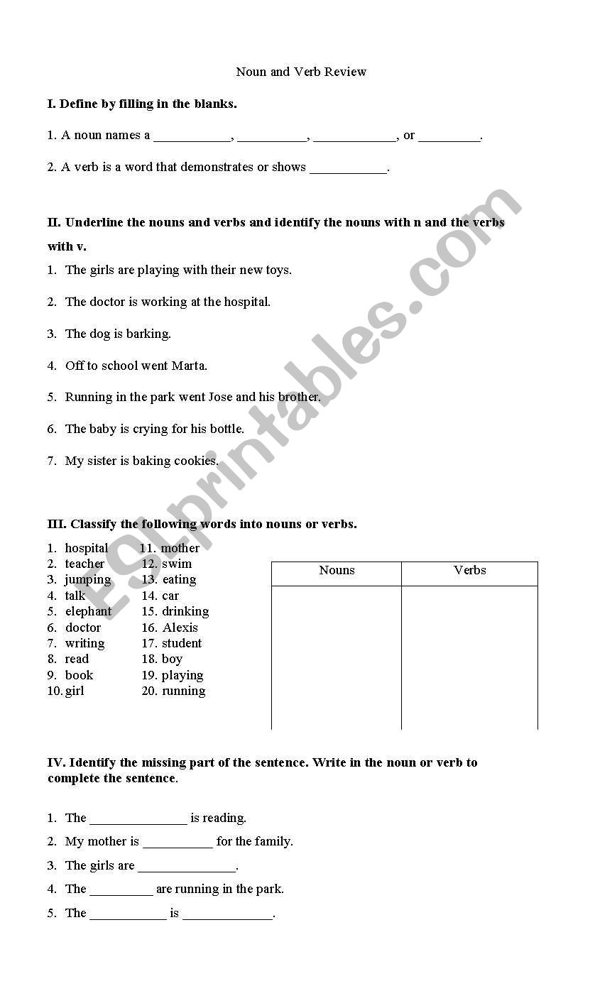 Noun and Verb Review worksheet
