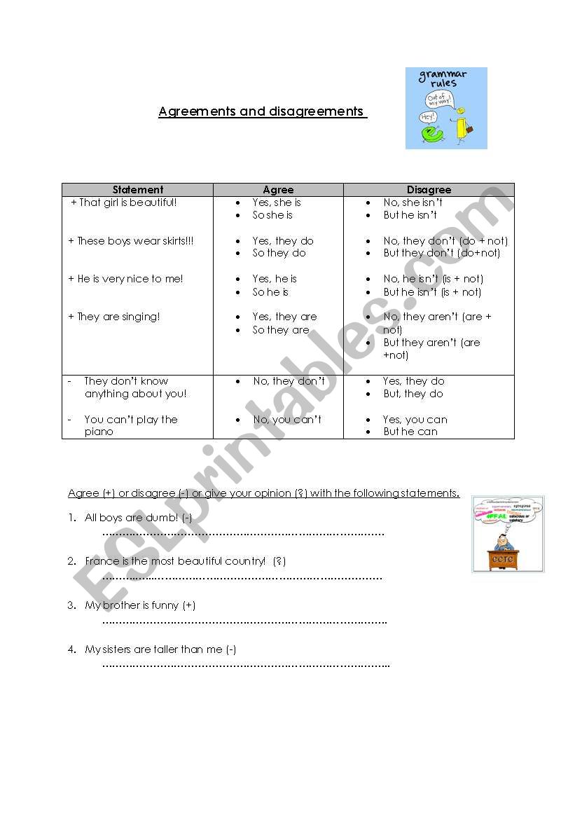 Agreements, disagreements worksheet