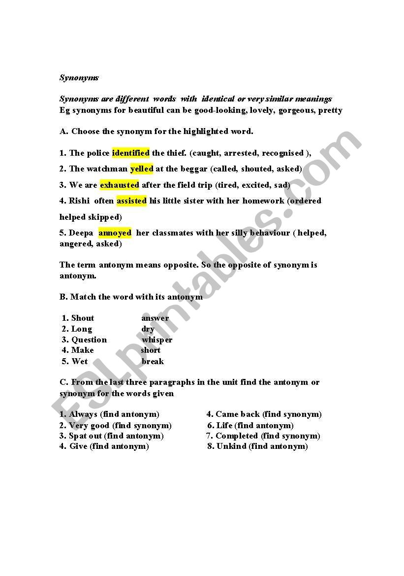 synonyms worksheet
