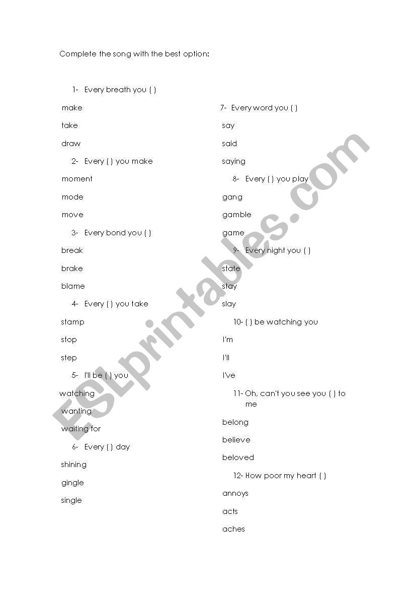 Complete the song worksheet