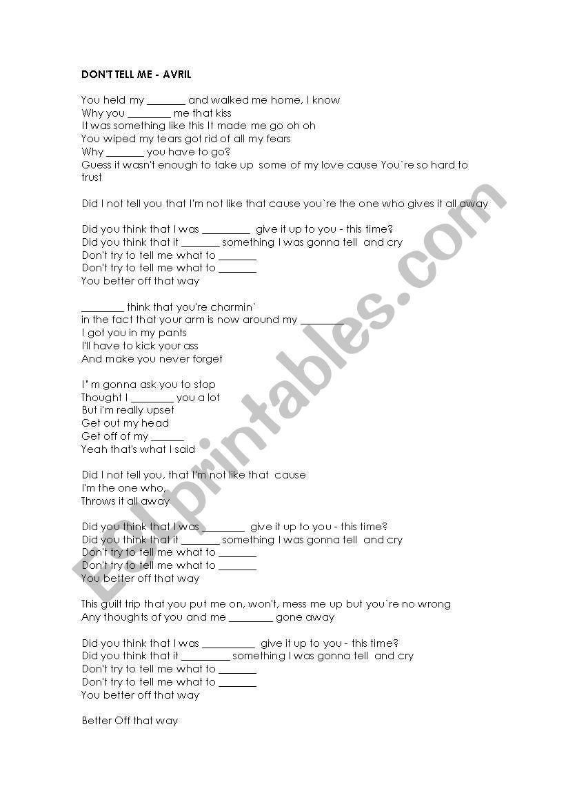 Dont Tell Me - Avril Lavigne worksheet