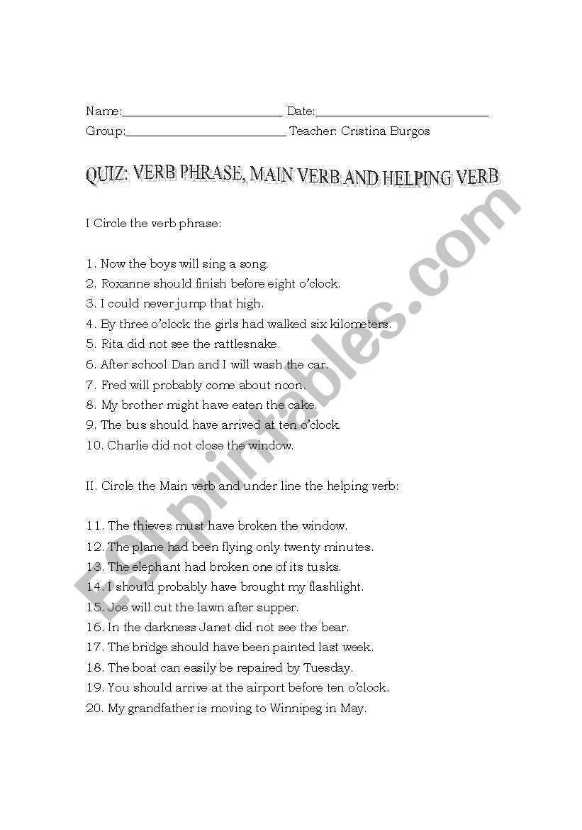 Quiz: verb phrase, helping verb and main verb