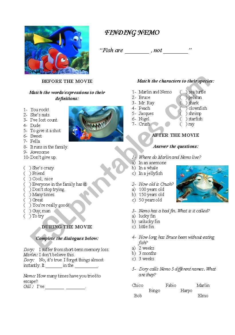 Finding Nemo - Video Activity worksheet