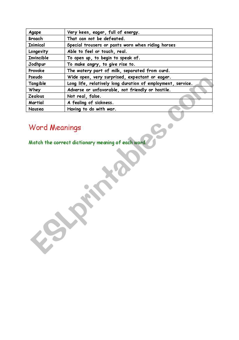 Words Meaning worksheet