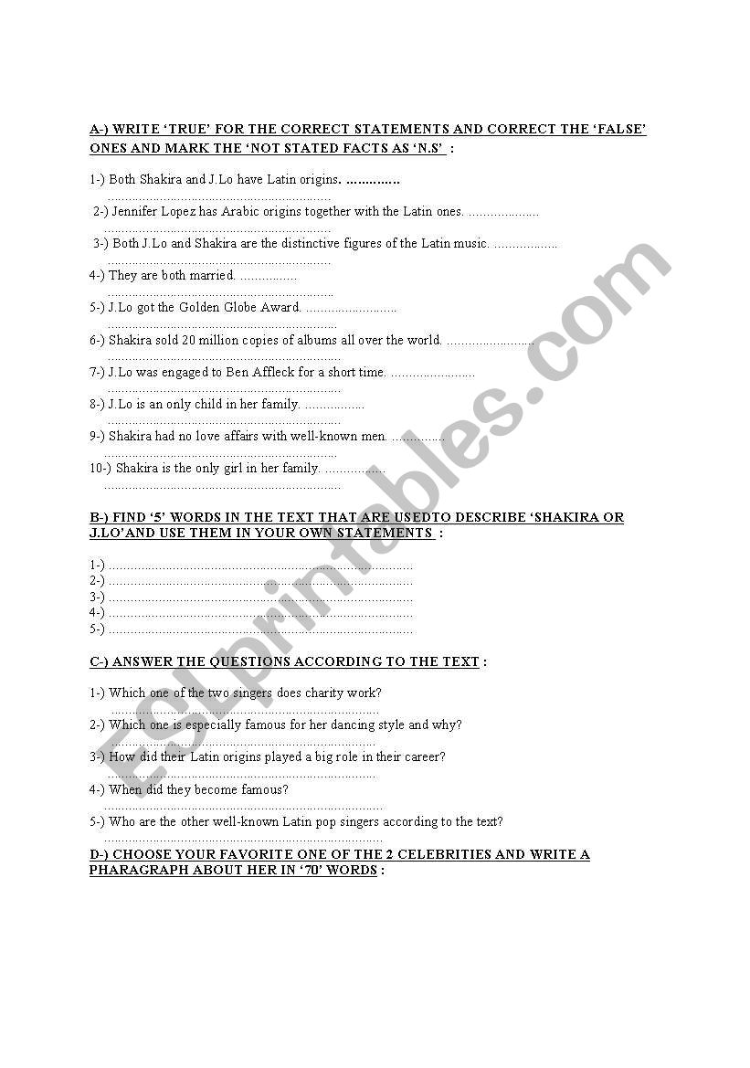 Part 2 of the reading worksheet on Shakira and Jennifer Lopez