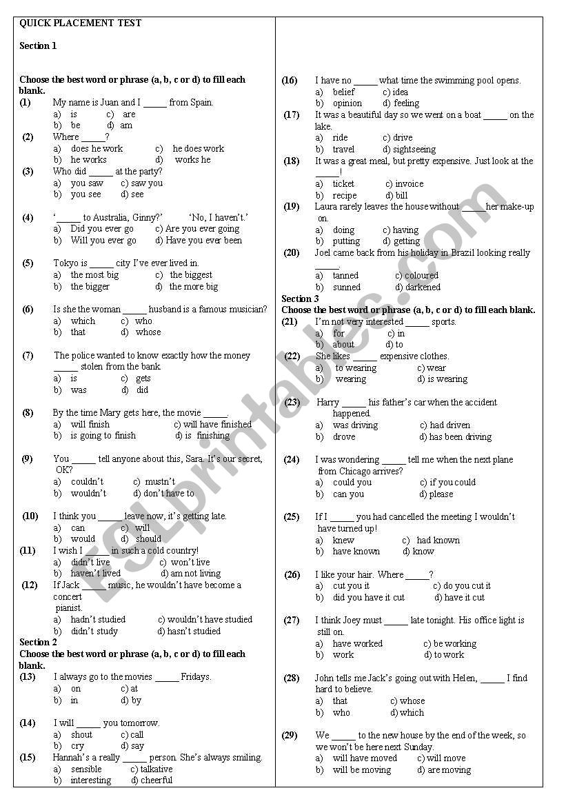 QUICK PLACEMENT TEST worksheet