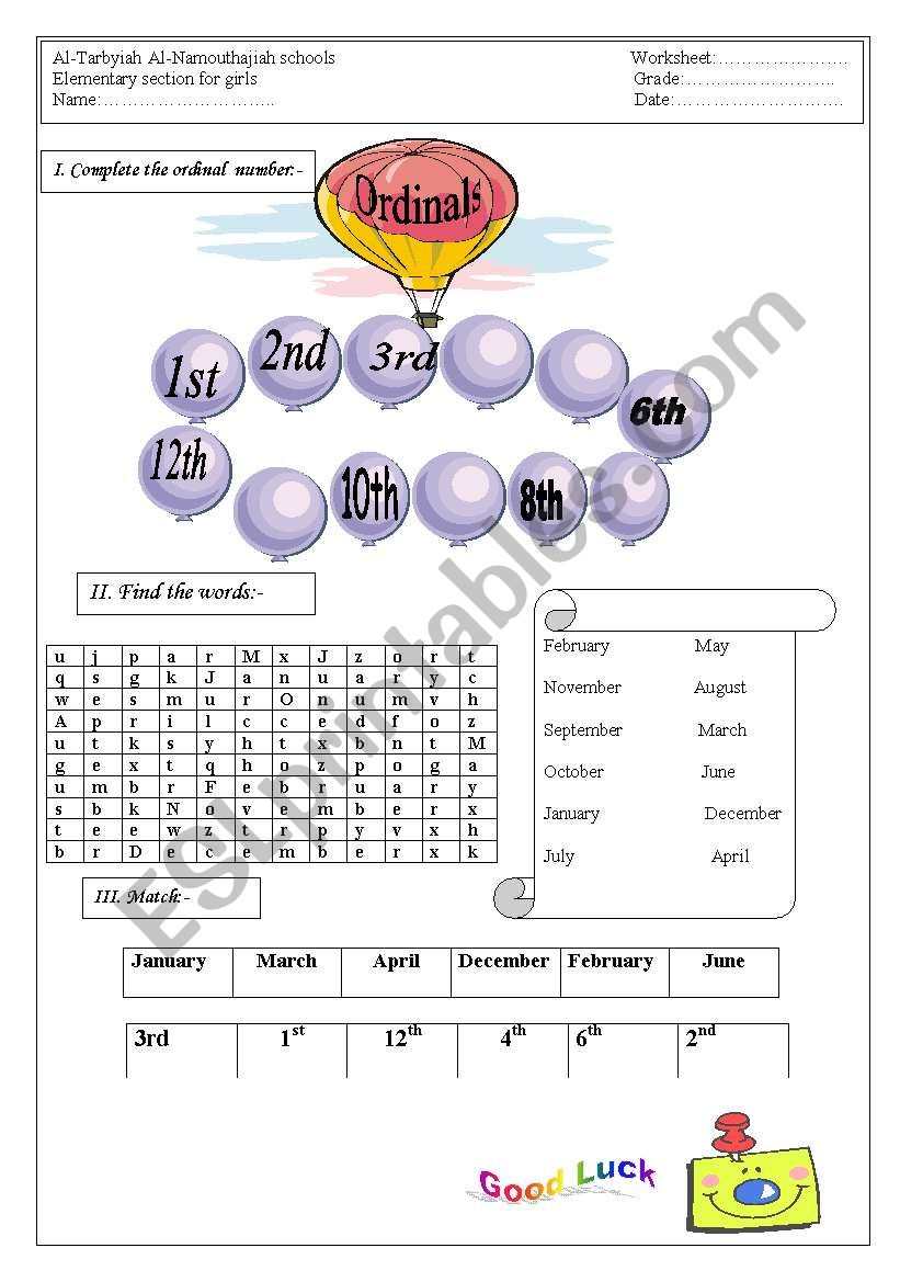 Ordinals worksheet