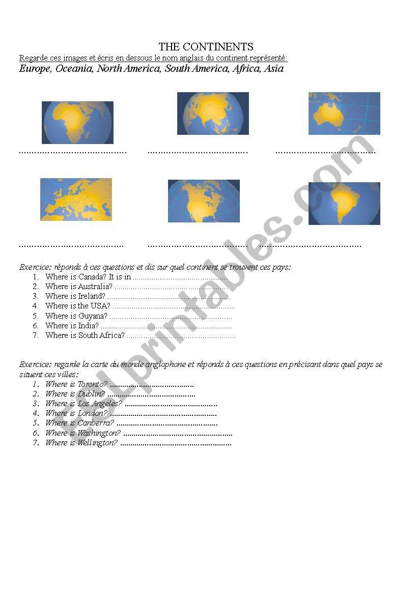 the continents worksheet