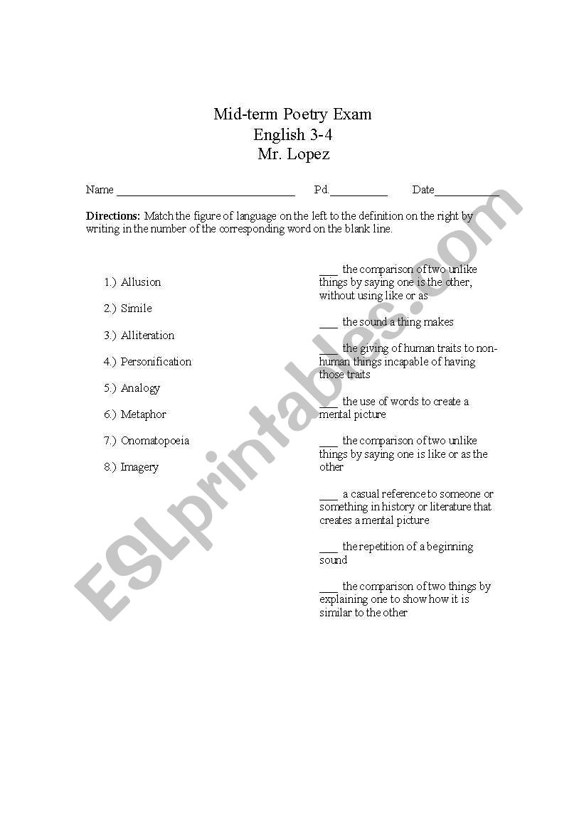 Poetry Mid-Term worksheet