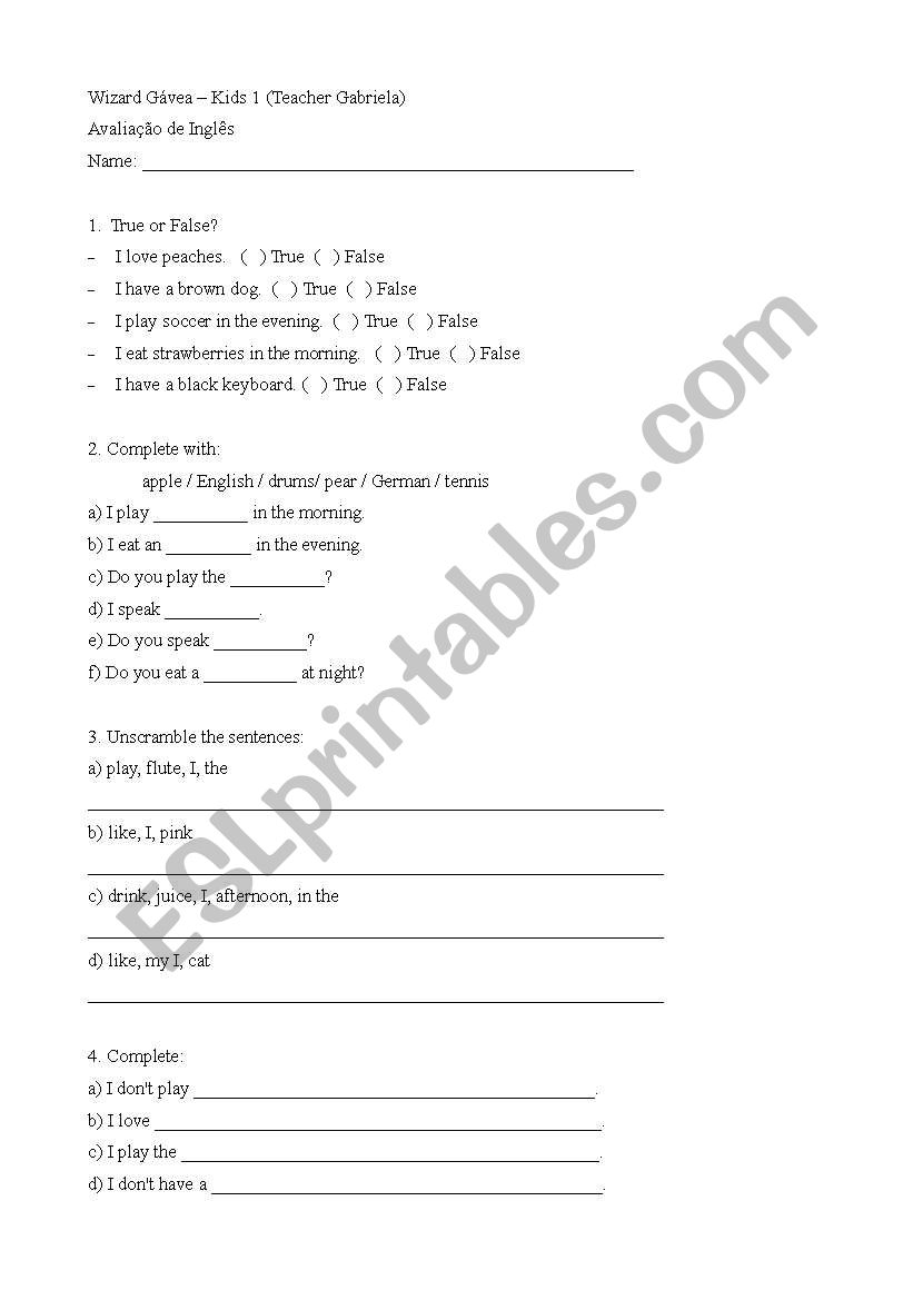 English exam for kids worksheet