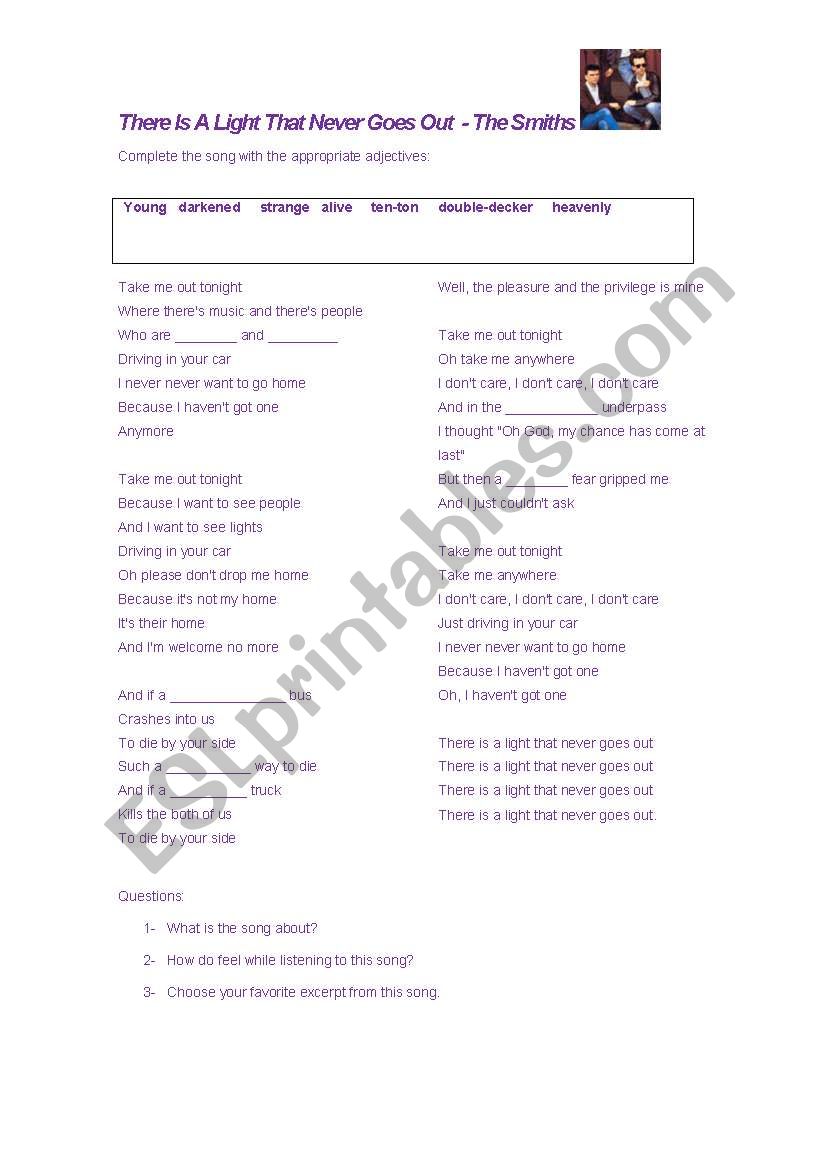 The Smiths- Theres a light worksheet
