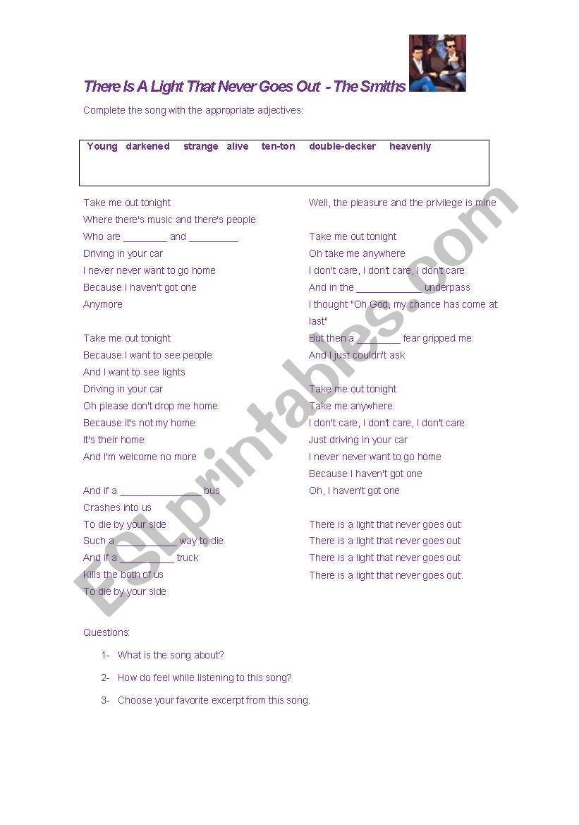 The Smiths- ThereÂ´s a light worksheet