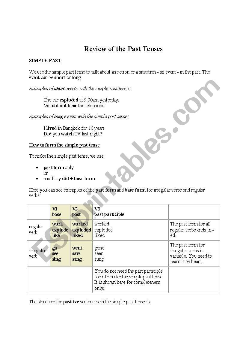 Review of the Past Tenses worksheet