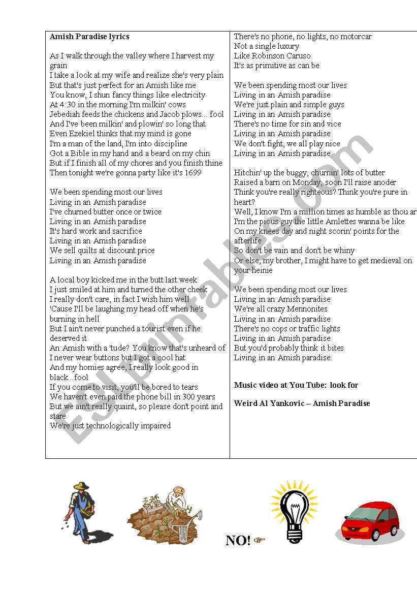 Amish Paradise - lyrics - ESL worksheet by pricess