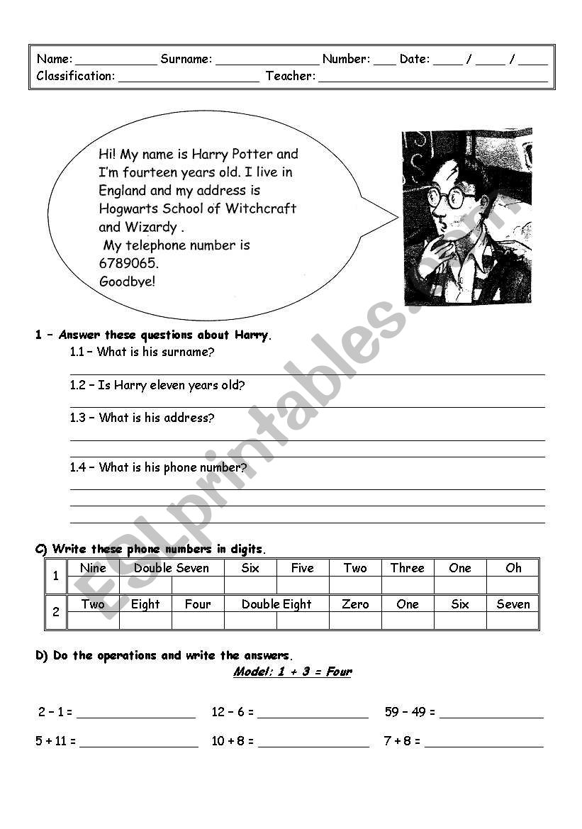 Reading worksheet - Harry Potter