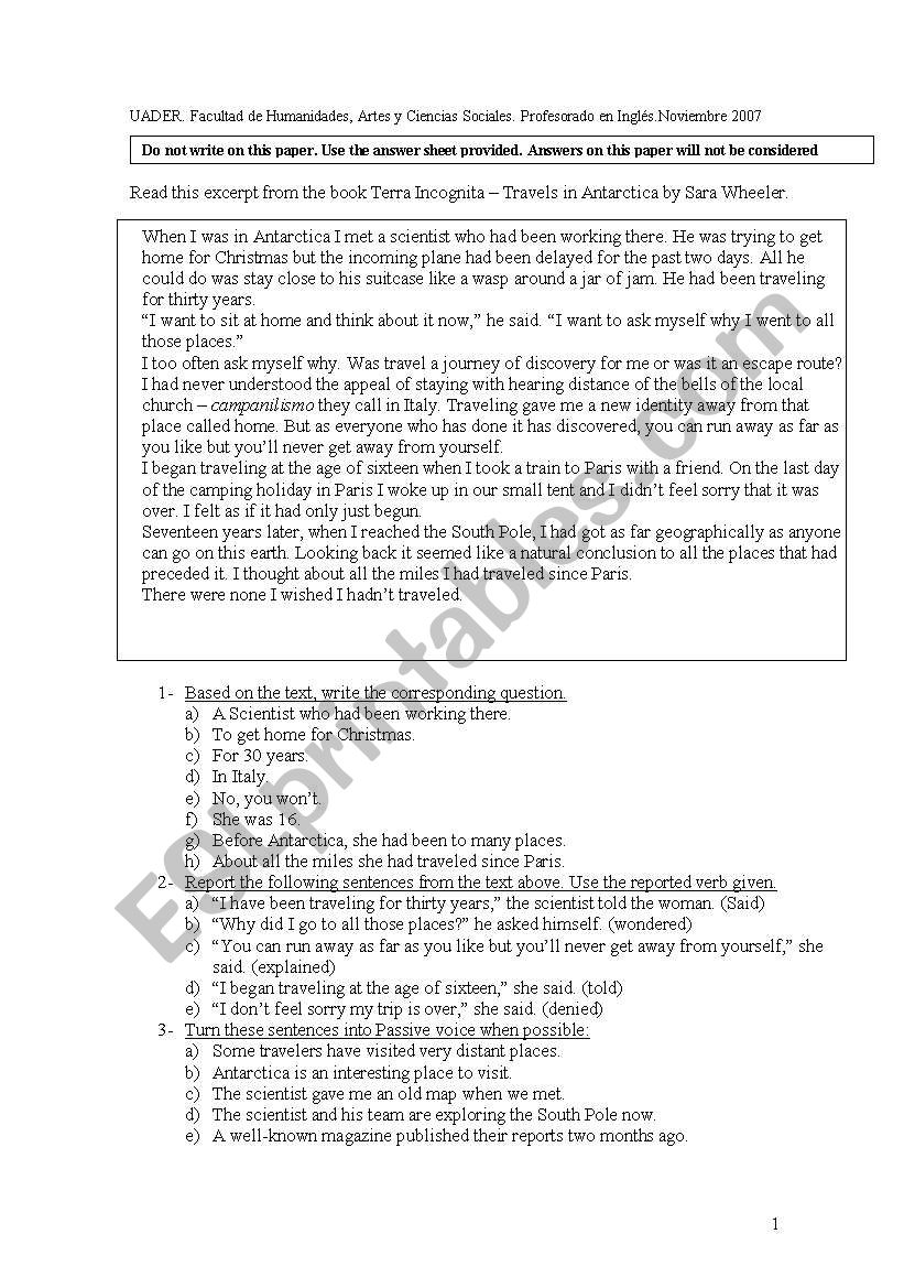 English proficiency test worksheet