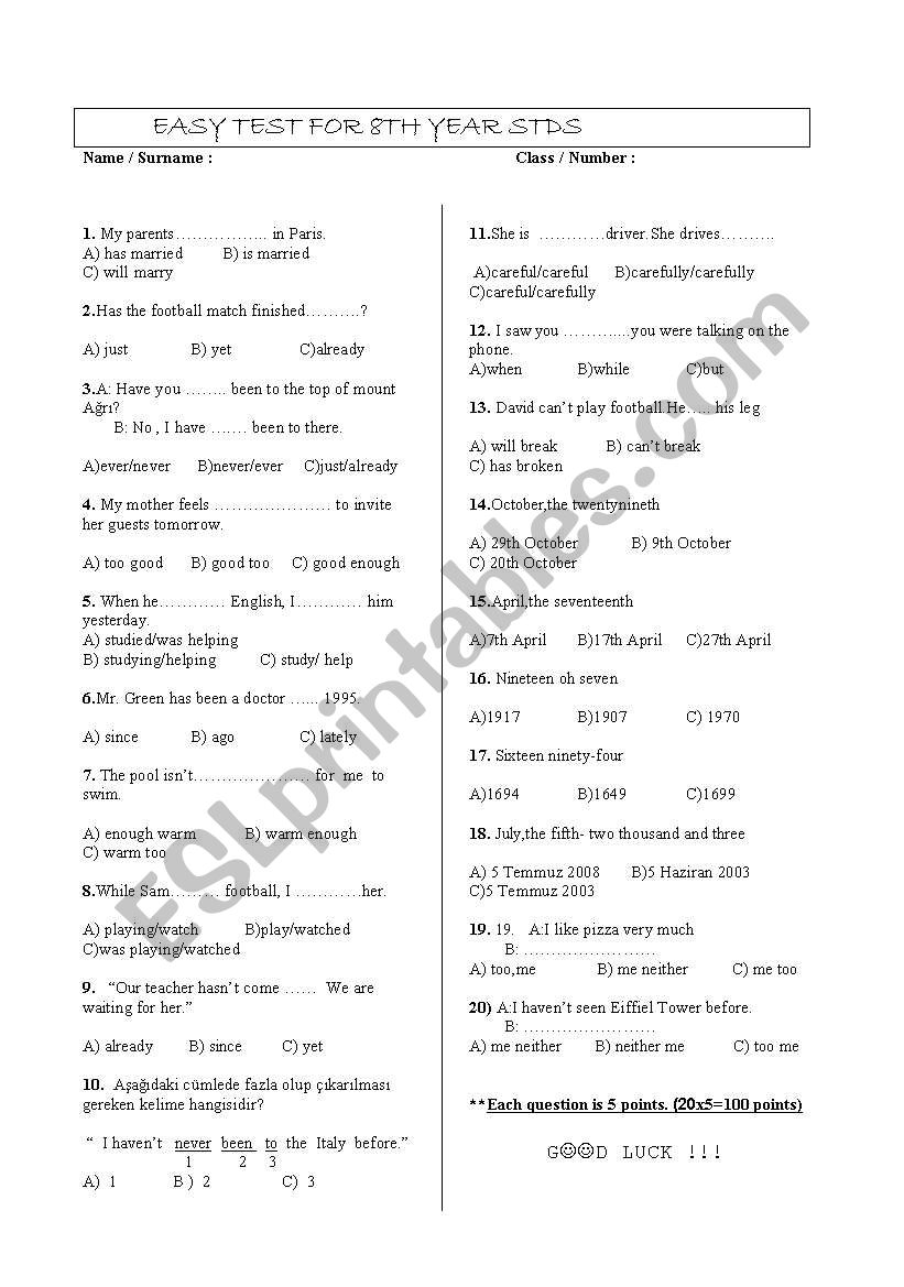 easy sbs for 8th year stds worksheet
