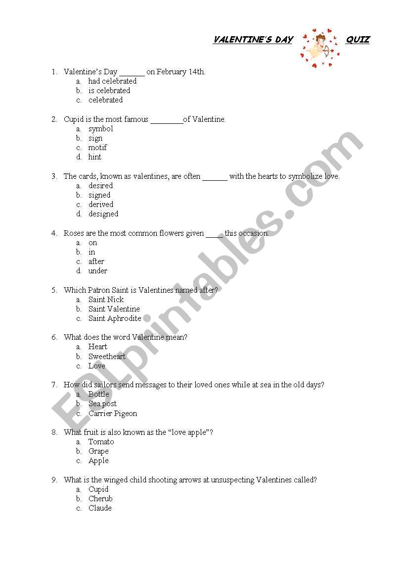 Valentines Day Quiz worksheet