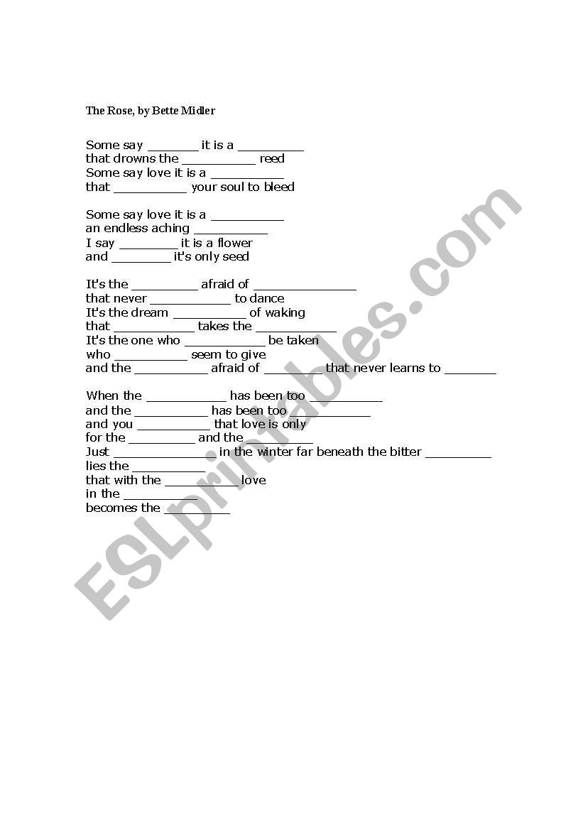 The Rose, missing lyrics worksheet