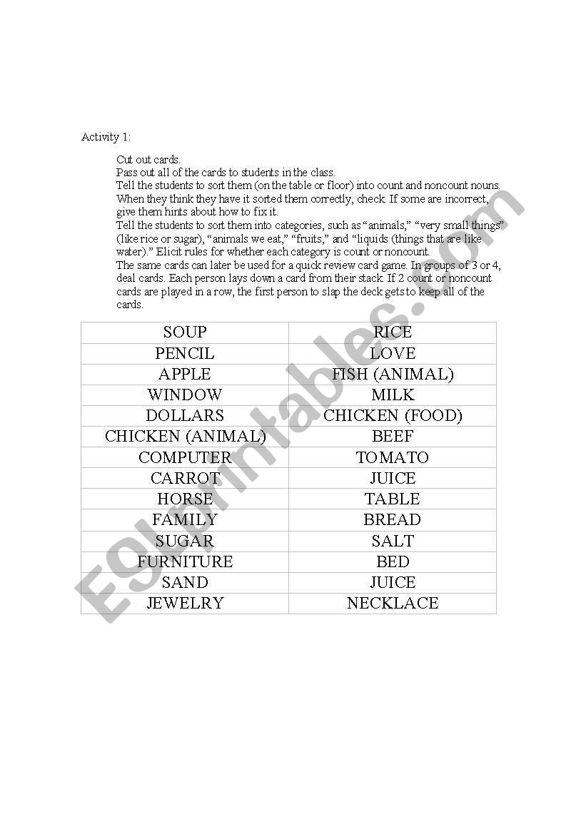 count and noncount noun activities