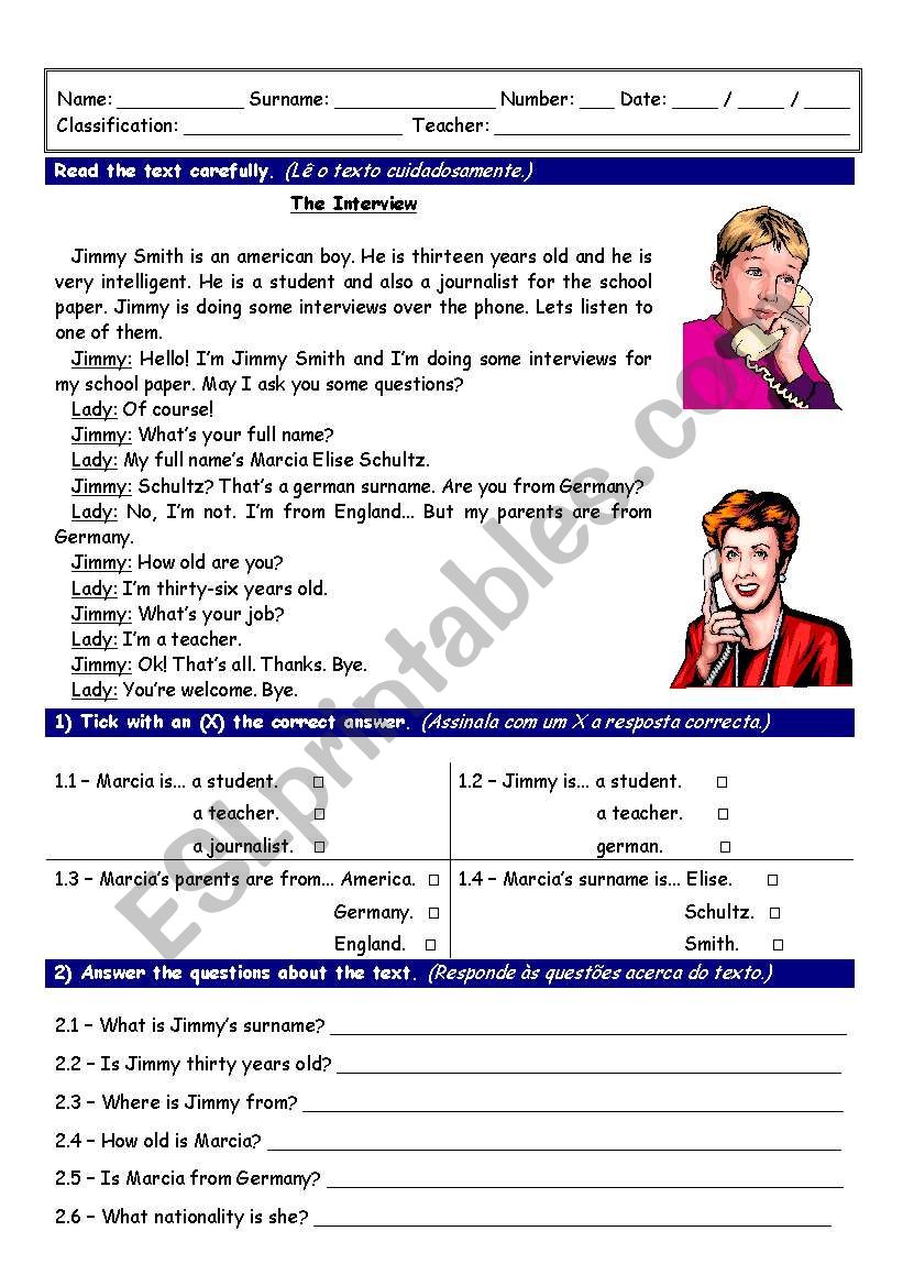 Reading worksheet with comprehension exercises
