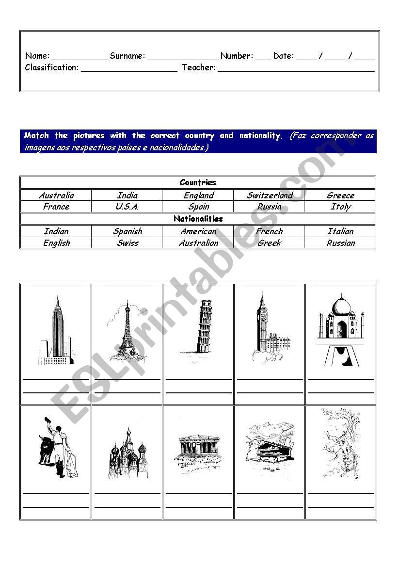Worksheet on countries - monuments