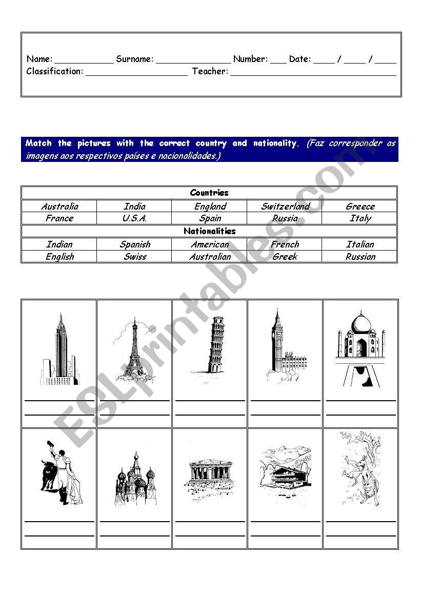 Worksheet on countries - monuments