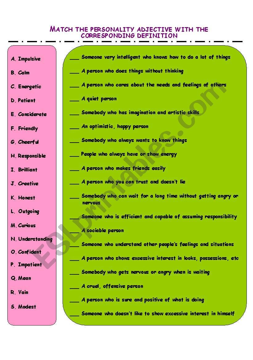 Personality Adjectives worksheet