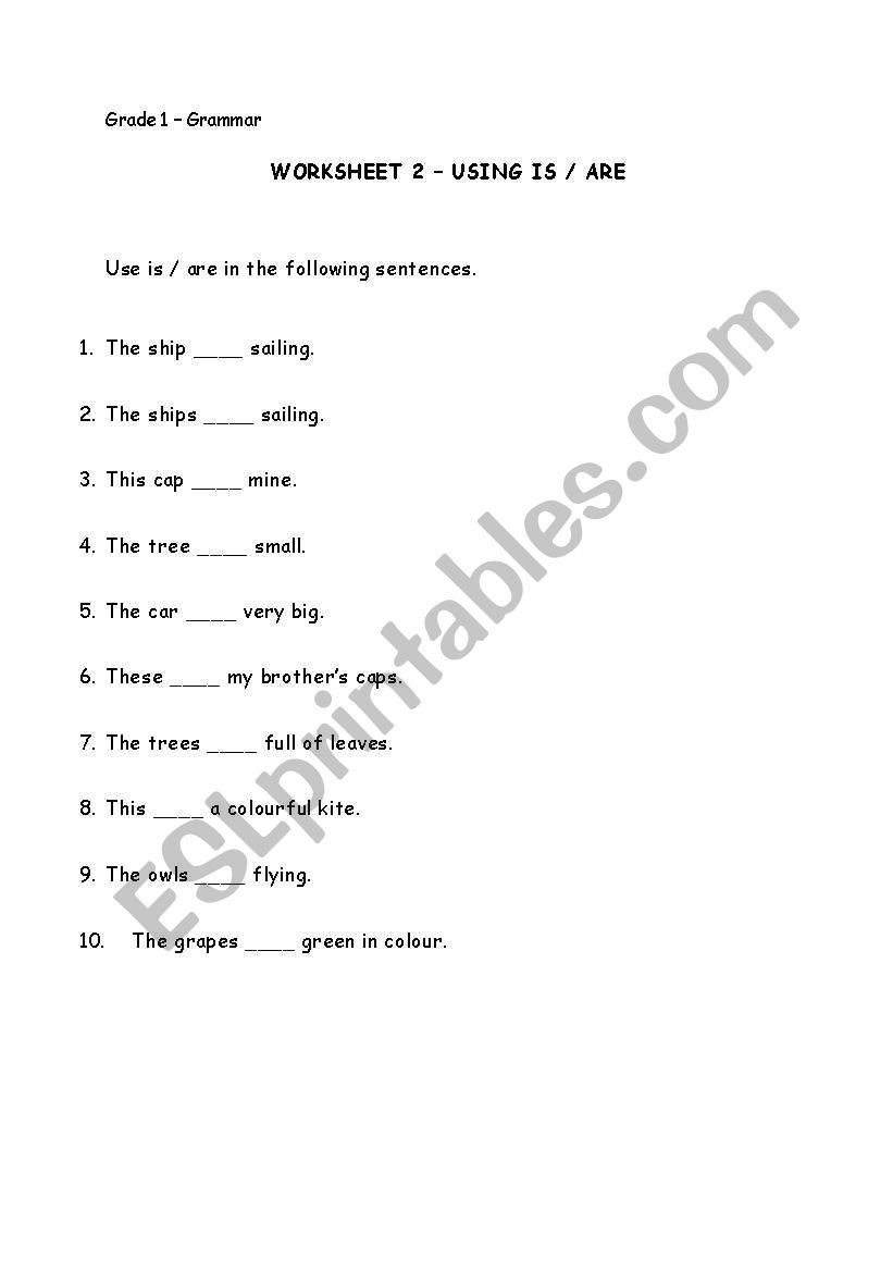 Grade 1 Grammar Worksheet 2 - using is or are