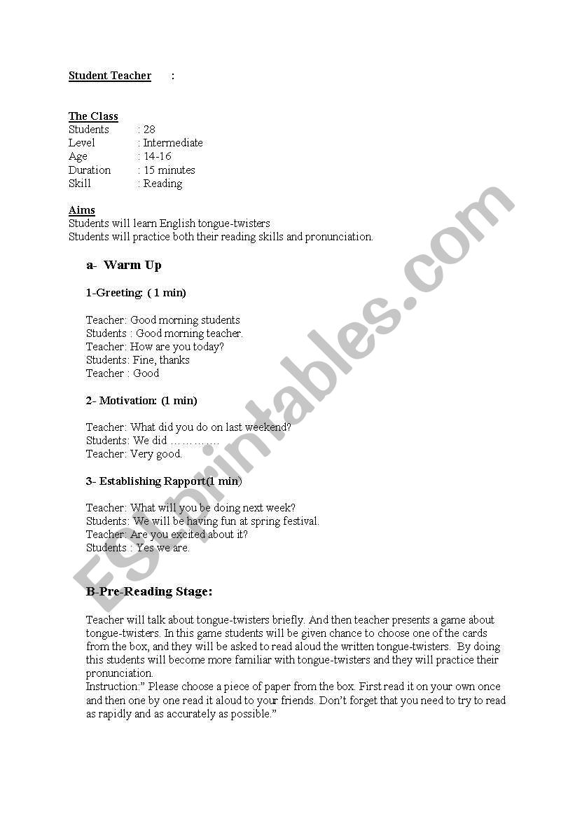 Methodology Lesson Plan worksheet