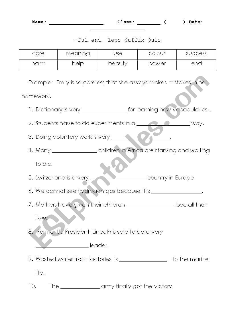 Suffix-ful/less worksheet